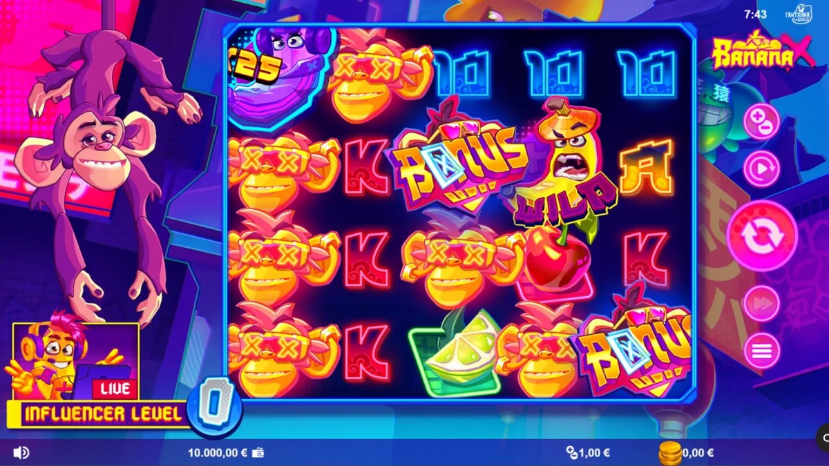Tampilan visual neon dan penuh warna dari slot Banana X dengan karakter monyet influencer.